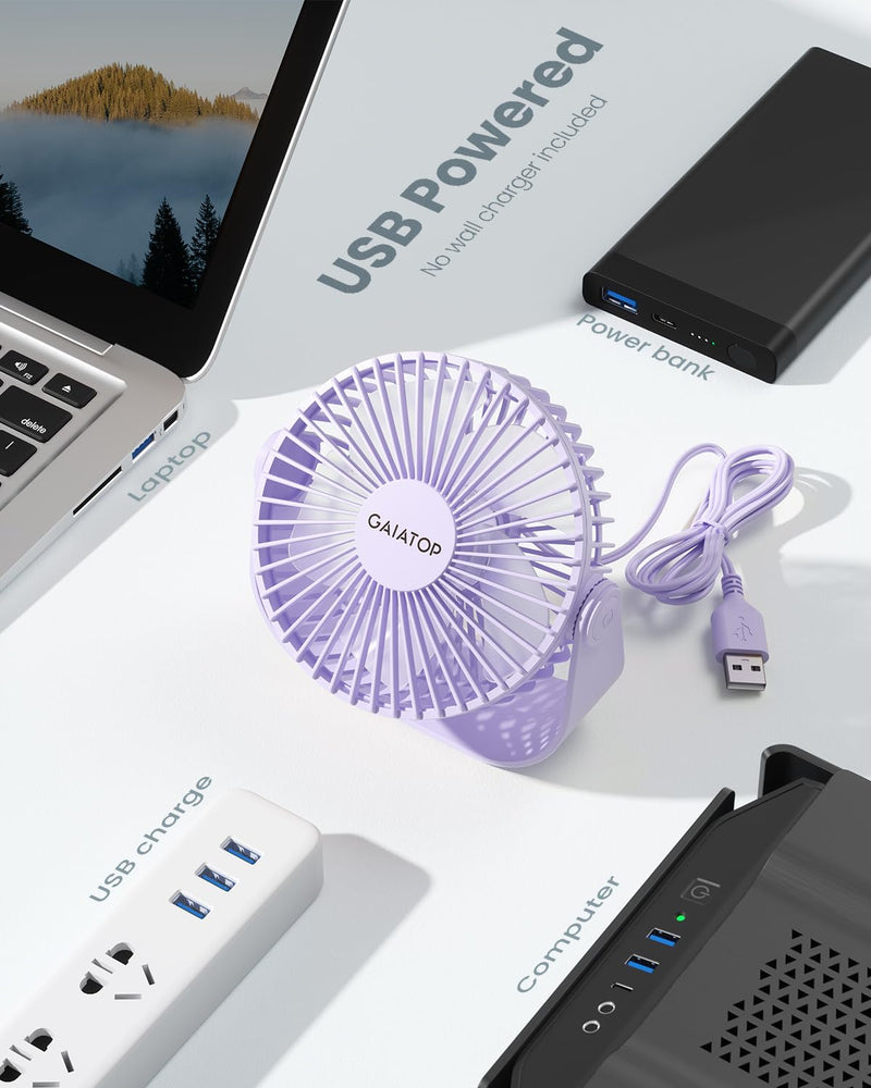 [Australia - AusPower] - Gaiatop USB Desk Fan, 3 Speeds Portable Small Fan with Strong Airflow, 5.5 Inch Quiet Table Fan, 90° Rotate Personal Cooling Fan For Bedroom Home Office Desktop Travel (Purple) Purple 
