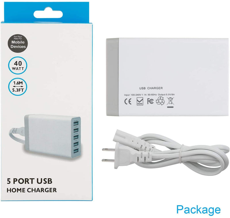 [Australia - AusPower] - Pezin & Hulin 5 Port USB Wall Charger Hub 40W, Desktop USB Charging Station for Multiple Devices, Portable Multi Port USB Charger for Cell Phones, Tablet and More USB Port Device 