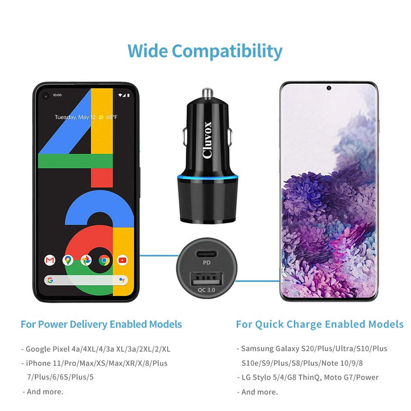 [Australia - AusPower] - Rapid Type C Car Charger, Compatible for Google Pixel 6 Pro/6/5a/5/4a/4/3a/3/2/XL, Samsung Note 20/S21 Fast USB C PD Car Charger with 3ft Cable, 18W Power Delivery &Quick Charge 3.0 Car Adapter-Black Black 