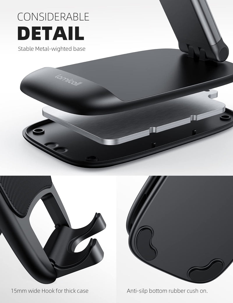 [Australia - AusPower] - Lamicall Foldable Phone Stand for Desk - Height Adjustable Cell Phone Holder Portable Cellphone Cradle Desktop Dock Compatible with iPhone 13 Pro Max Mini, 12 11 XR X 8 7 6 Plus SE, 4-8'' Smartphone Black 