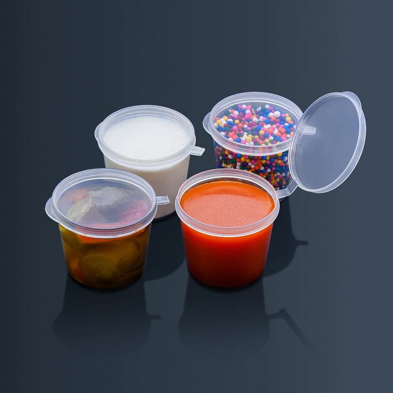 [Australia - AusPower] - Party Essentials Leak Proof Plastic Condiment Souffle Containers with Attached Airtight Portion Cup with Hinged Lid for Sauces, Samples, Slime, Jello Shot, Storage, Craft, 100 Sets, 1 oz, Clear 100 Sets, 1 oz. 