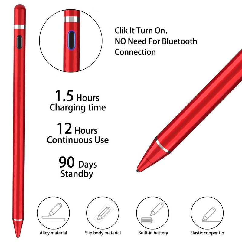 [Australia - AusPower] - Active Stylus Compatible with Apple iPad, Stylus Pens for Touch Screens,Rechargeable Capacitive 1.5mm Fine Point with iPhone iPad and Other Tablets (Red) Red 