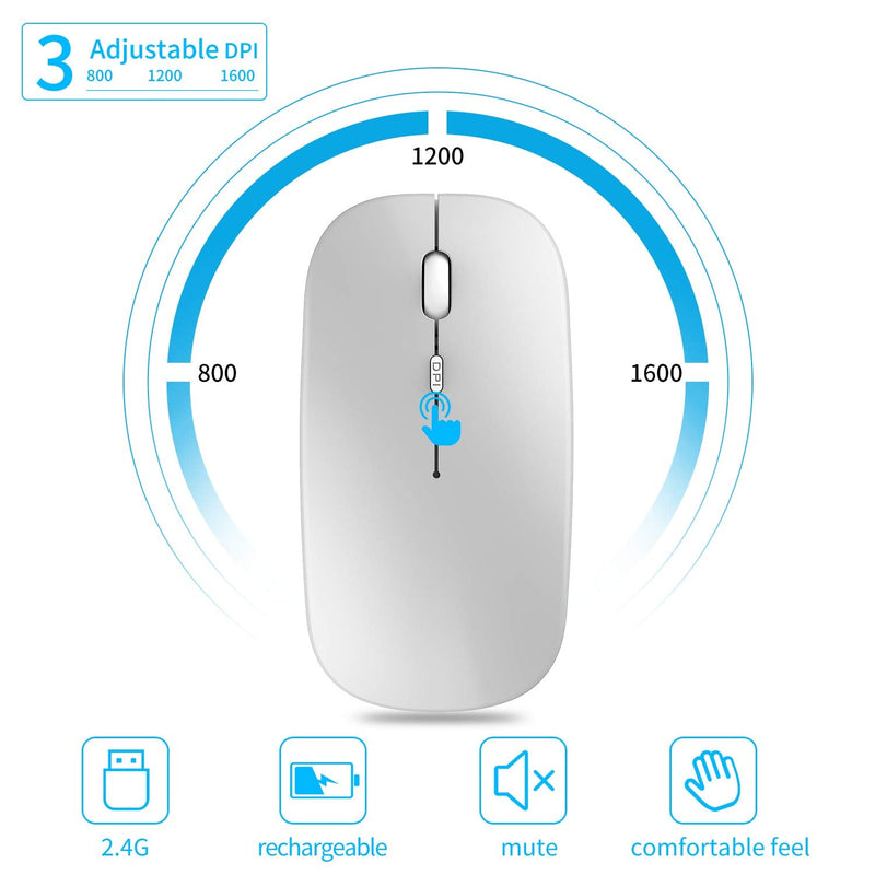 [Australia - AusPower] - Wireless Mouse, Slim Silent Click Rechargeable 2.4G Wireless Mice 1600DPI Mini Optical Portable Travel Cordless Mouse with USB Receiver for PC Laptop Computer Mac MacBook (Silver) 