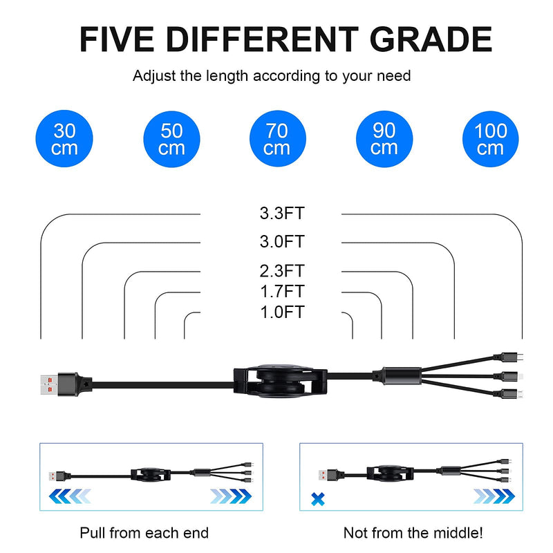 [Australia - AusPower] - Bismdky 3Pack 3 in 1 Multi USB Retractable Charger Cable,3A Multiple Charging Cord Adapter with Type C Micro USB Mini Port Connectors Fast Charging Compatible with Cell Phones Tablets Universal Use 