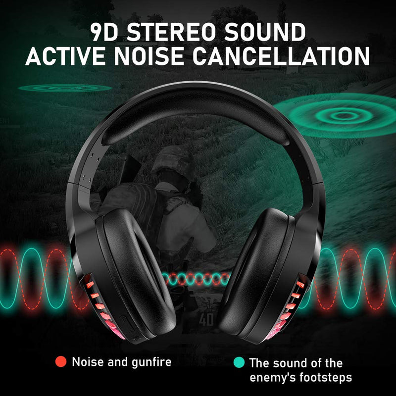 [Australia - AusPower] - Wireless Bluetooth Headphone with Noise Cancellation HiFi Stereo Sound Mic Deep Bass Protein Earpad Rainbow RGB Backlight Rechageable Over Ear Headset for PC Mac Game Travel Class Home Office(Black) Black 