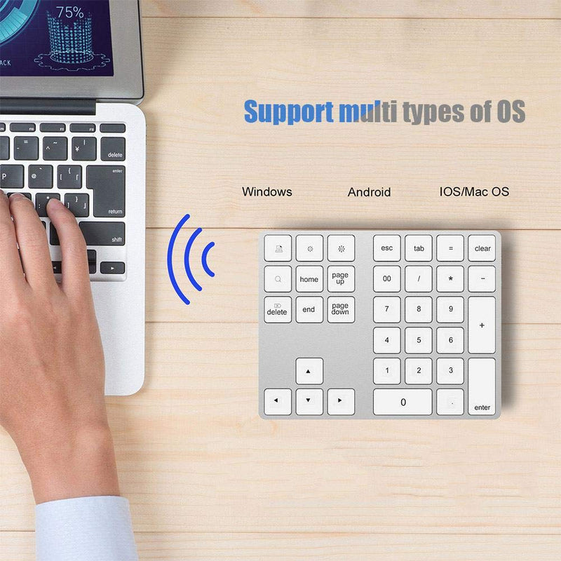 [Australia - AusPower] - ASHATA Wireless Numeric Keypad,34 Keys Mini Portable Bluetooth Numpad,Ergonomic Bluetooth Numeric Keypad Aluminum Alloy HUB Type-C USB 3.0 Numeric Pad for Windows (Silver) Silver 