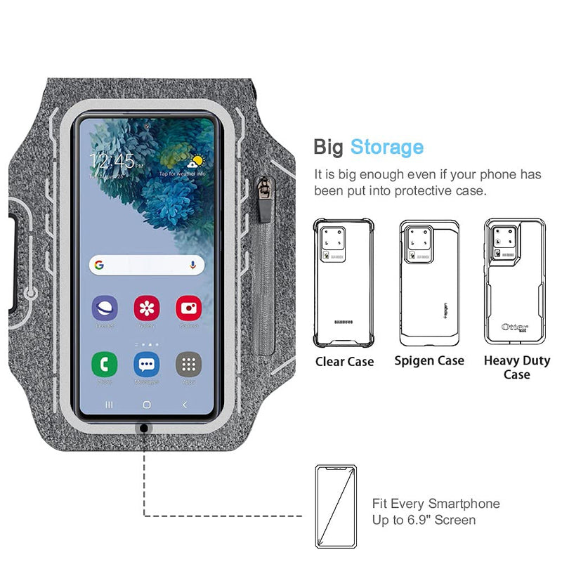 [Australia - AusPower] - JEMACHE Running Armband for Samsung Galaxy S22 Ultra, S21 FE, S20 FE, S22 Plus, S21 Plus, Note 20 Ultra 10 9, Gym Workouts Arm Band with Earbuds Holder (Grey) 6.9" Grey 