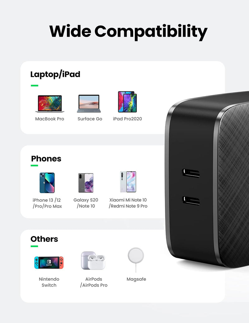 [Australia - AusPower] - UGREEN 65W USB C Wall Charger - 2 Port PD Fast Charger Power Adapter Compatible with MacBook Pro/Air, iPad Mini/Pro, iPhone 13/13 Mini/13 Pro Max, Galaxy S22/S21/S20/S10, Dell XPS 13, Pixel, and More 