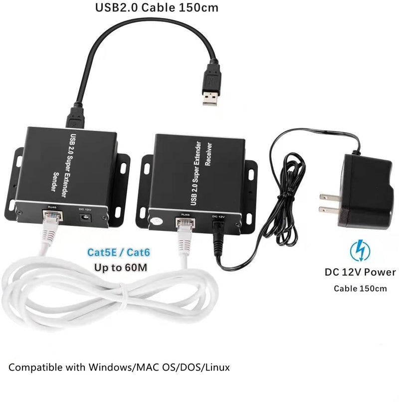 [Australia - AusPower] - E-SDS USB Extender Over Cat5E/6 up to 196ft, USB2.0 Over Cat6 Cat5E Extender with 4 USB 2.0 Ports, Plug and Play, No Driver Needed Support All Operating System, Two Web Cameras Work Synchronously USB Extender 4 Ports 
