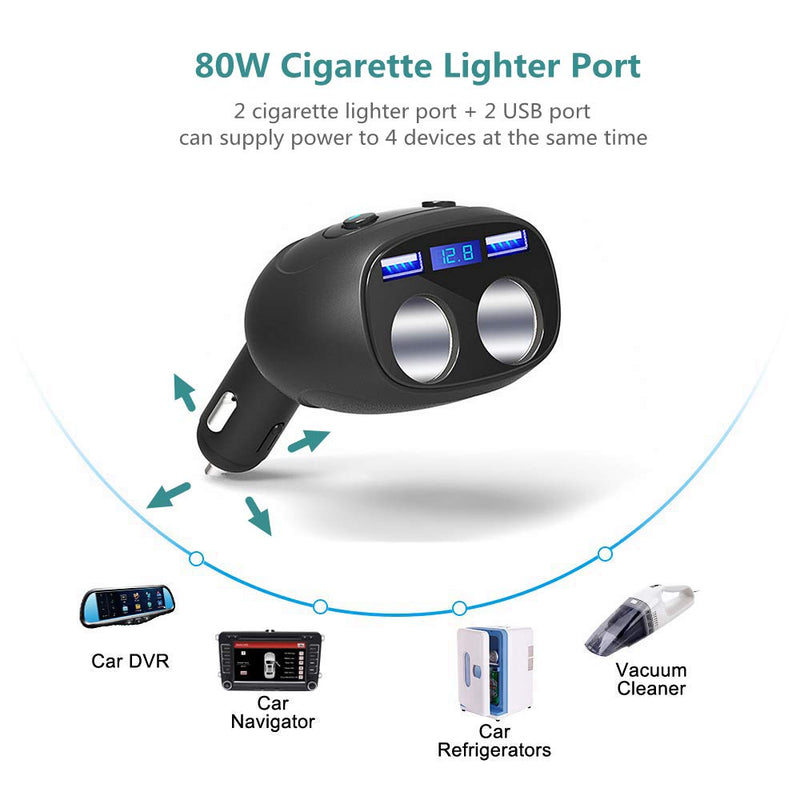 [Australia - AusPower] - 2 Sockets Cigarette Lighter Splitter, QC3.0+5V 2.4A Dual USB Car Charger, Separate Switch Voltage Display, 12/24V 80W Power Adapter Compatible iPhone iPad Android 2 Cigarette Socket 