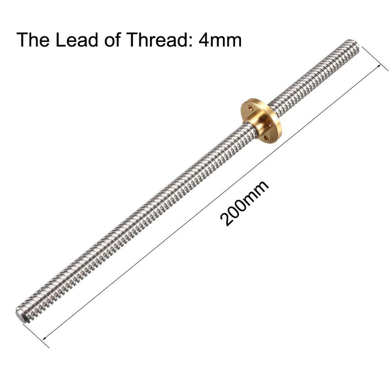 [Australia - AusPower] - uxcell 2PCS 200mm T8 OD 8mm Pitch 2mm Lead 4mm Stainless Steel Lead Screw Rod with Copper Nut (Acme Thread) for 3D Printer Z Axis 