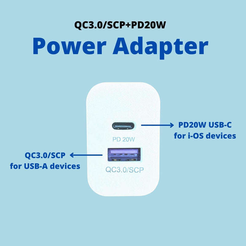 [Australia - AusPower] - Aporia - 20W 2-Port Wall Charger with 1 QC 3.0/SCP USB-A Port and 1 PD USB-C Port with Quick Charge Power delivery (White) | 100-240 Vac 50 60Hz 0.5A | Cellphone Charging (2-Pack) 2 Pack 