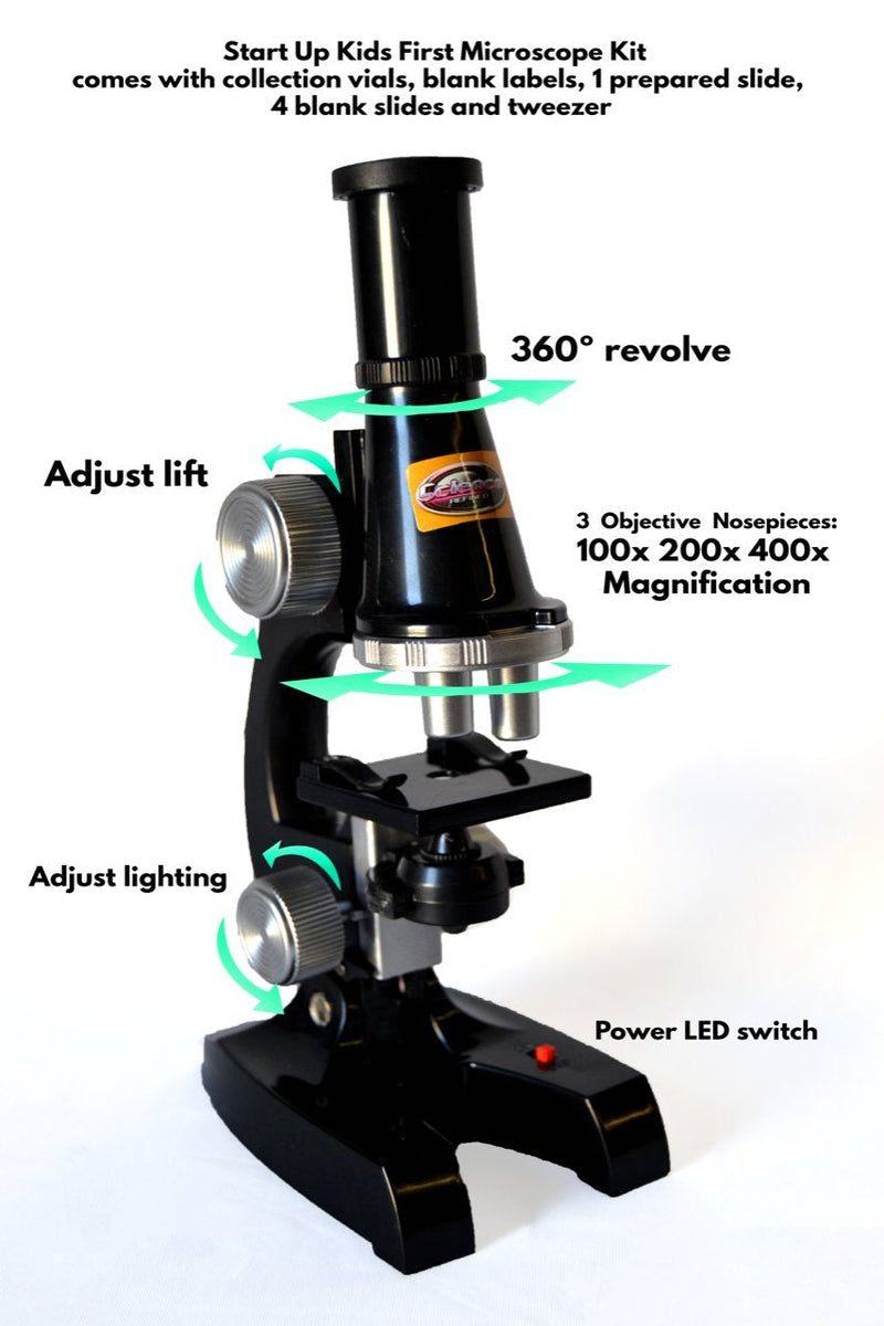 [Australia - AusPower] - BRAINIAC Young Genius Educational Kid Science Microscope KIT Beginners 100x/200x/400x Collection Vials, Blank Labels, 5 blank slides, tweezer - Magnification Kids Toy in Black 