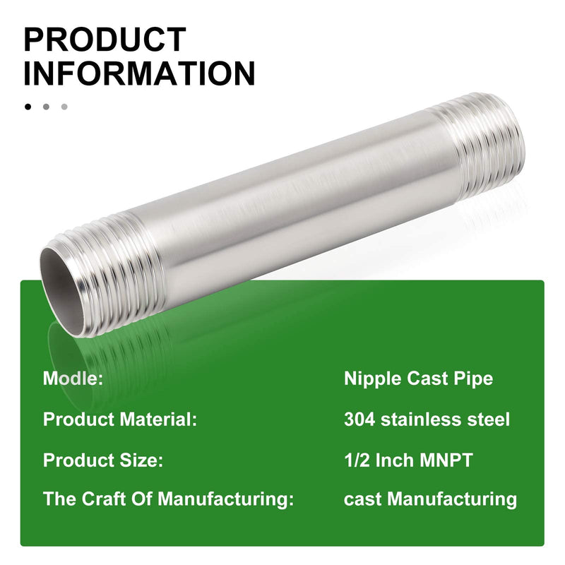 [Australia - AusPower] - TAISHER 2PCS Stainless Steel Pipe Fittings, 1/2" NPT x 1/2" NPT Male Threaded, 4" Length Nipple Cast Pipe 1/2" NPT(Male x Male) 4"(100mm) Length 