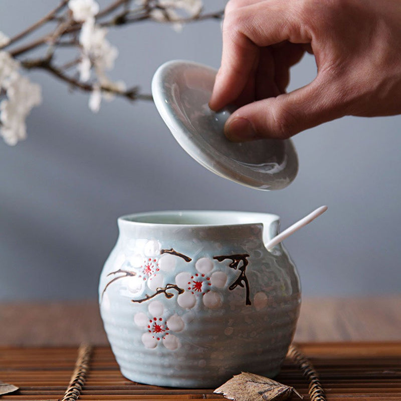 [Australia - AusPower] - Ceramics Japanese Flower Sugar Bowl Seasoning Pot Salt Pepper Storage Jar with Lid And Spoon Blue 
