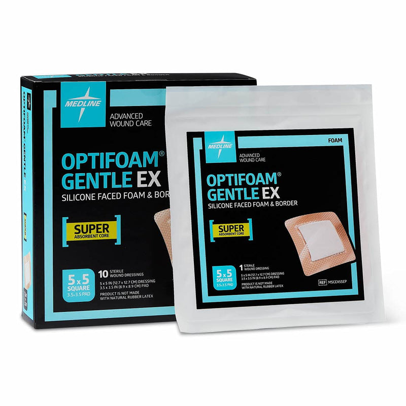 [Australia - AusPower] - Medline Optifoam Gentle EX Bordered Foam Adhesive Dressing, 5" x 5" Square (10 Count) 5" X 5" Box 