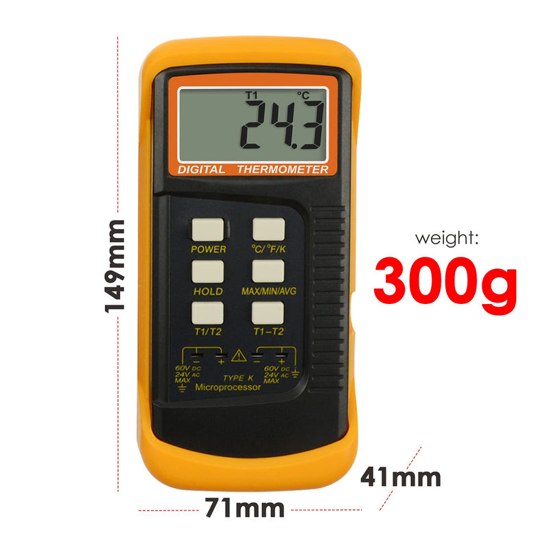 [Australia - AusPower] - DANOPLUS High Accuracy Digital K-Type Thermocouple Thermometer (-50~1300°C) with Dual Channels 4 Probes (Wired & Stainless Steel) Handheld High Temperature Kelvin Scale Meter Tester 