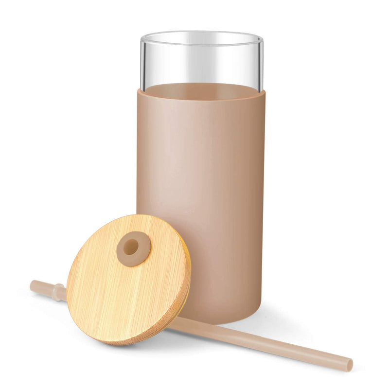 [Australia - AusPower] - tronco 20oz Glass Tumbler Glass Water Bottle Straw Silicone Protective Sleeve Bamboo Lid - BPA Free (Amber) Amber 1 Count (Pack of 1) 