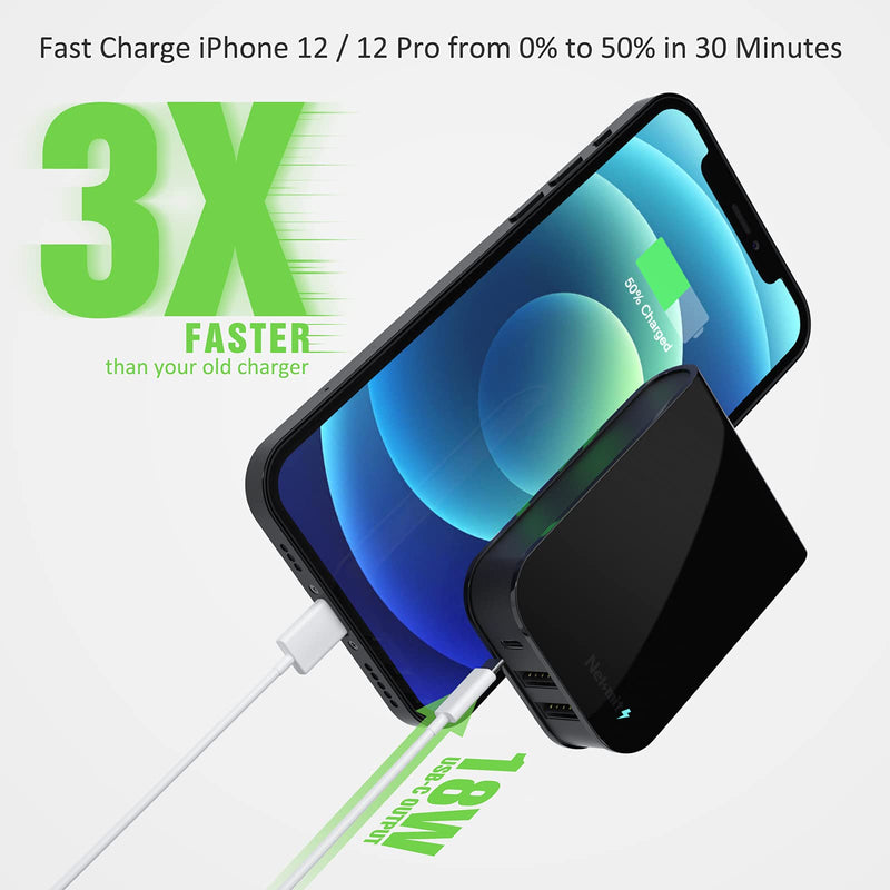 [Australia - AusPower] - Nekmit USB C Charger, Fast Thin Flat 30W 3-Port Wall Charger with 18W Power Delivery and 2 USB Ports for iPhone 12/12 Pro / 12 Pro Max, Galaxy, iPad Pro, AirPods Pro and More Black 
