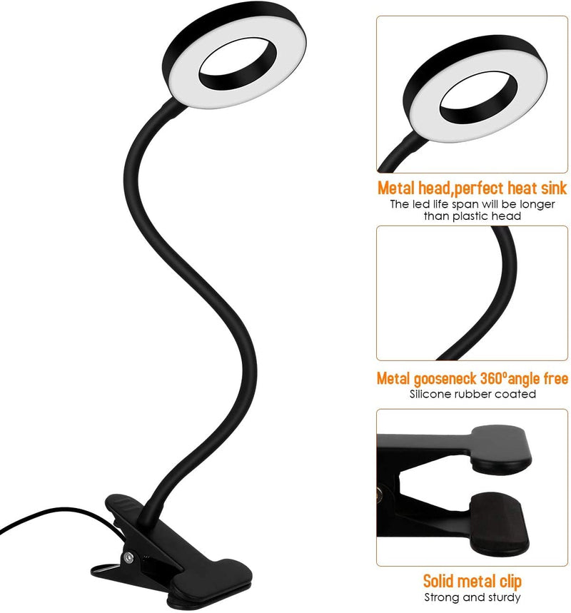 [Australia - AusPower] - Clip On Light Reading Light Lamp,48 LED Dimmable Gooseneck Clamp Desk Light Lamp,3 Light Color Clip On Ring Light for Books in Bed Headboard Computer Laptop Webcam Zoom(Black) Black 