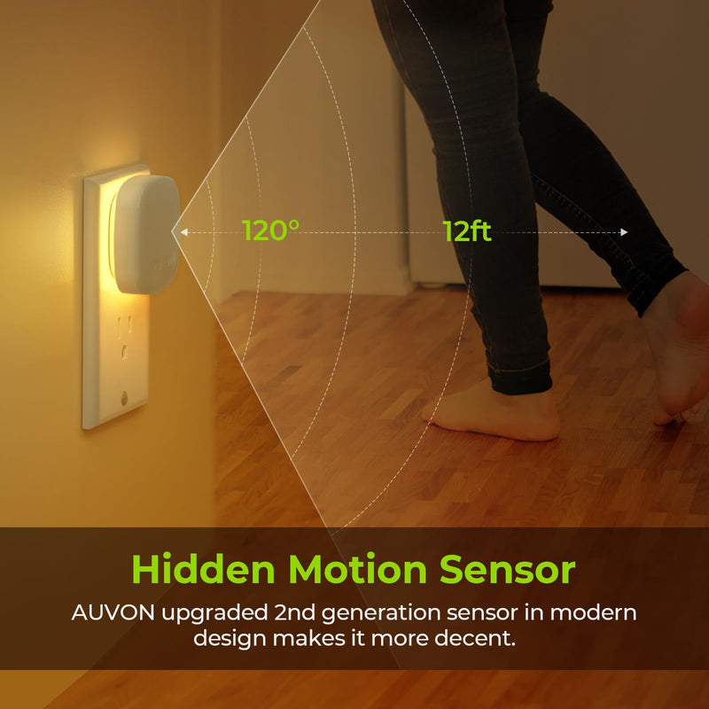 [Australia - AusPower] - AUVON Plug-in LED Backlit Night Light with Motion Sensor & Dusk to Dawn Sensor, Dimmable Warm White Nightlight with 1-50 lm Adjustable Brightness for Bedroom, Bathroom, Stairs, Hallway (4 Pack) 