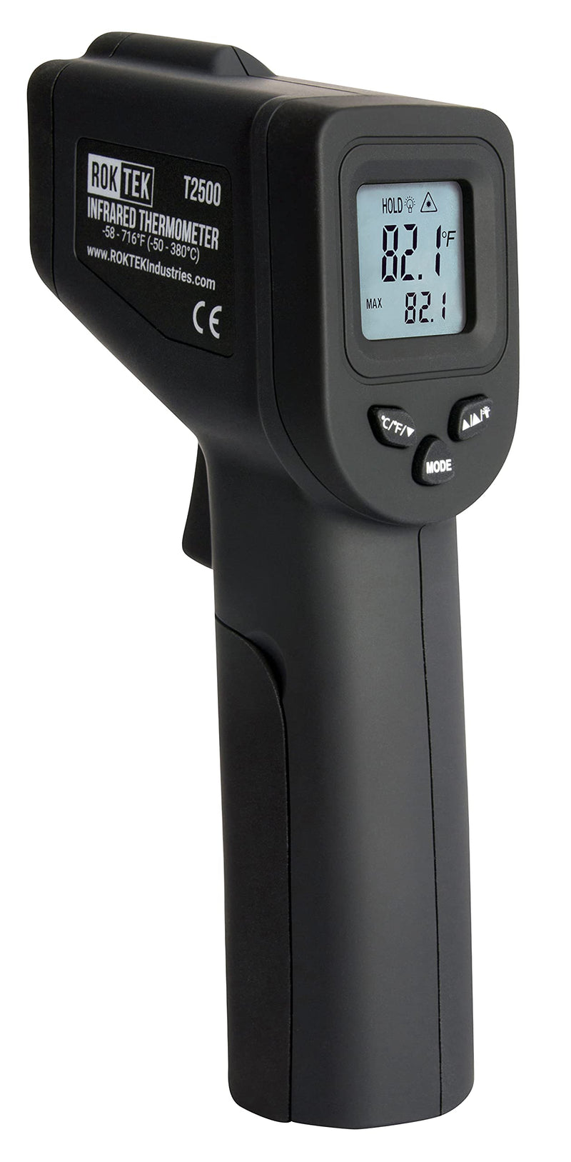 [Australia - AusPower] - ROKTEK T2500 Infrared Thermometer, Non-Contact Digital Temperature Thermometer -58 to 716°F (-50 to 380°C), 12:1 Distance to Spot, Standard Size, Black, Backlit Display 