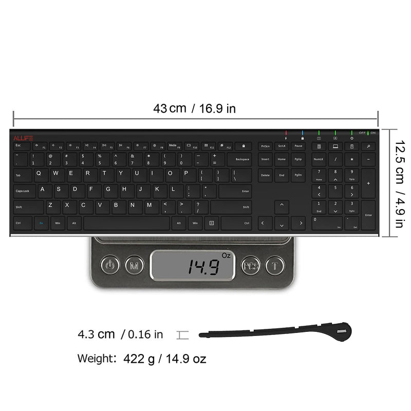 [Australia - AusPower] - ALLIFE 2.4G Wireless Keyboard Stainless Steel Ultra Slim Full Size Keyboard with Numeric Keypad for Computer/Desktop/PC/Laptop/Surface/Smart TV and Windows 10/8/ 7 Built in Rechargeable Battery 