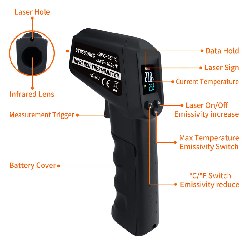 [Australia - AusPower] - AHOSOUTLY Infrared Thermometer Temperature Gun -58℉~ 1022℉ (-50℃ ~ 550℃) Non-Contact Instant-Read Digital Laser Infrared Ir Thermometer with Color Screen (Black) 