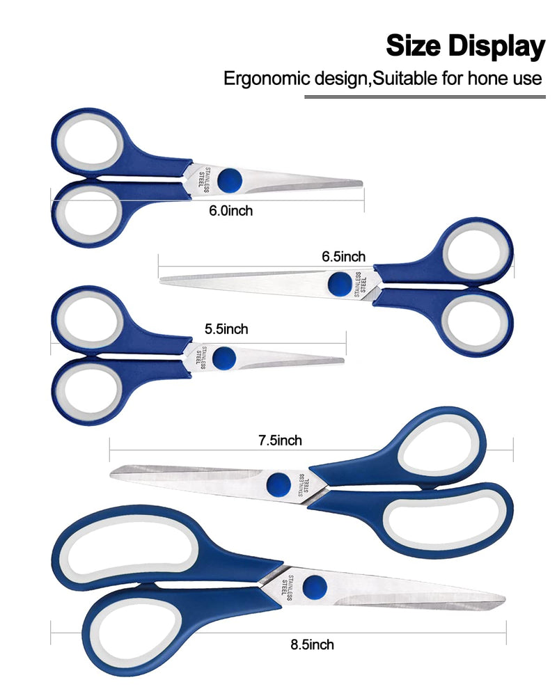 [Australia - AusPower] - Craft Scissors Set of 5, All Purpose Sharp Stainless Steel Blades Shears , Ergonomic Semi-Soft Rubber Grip for Office Home School Sewing Fabric Supplies, 5.5/6/6.5/7.5/8.5inch, Blue&White 5pack(Blue&White) 