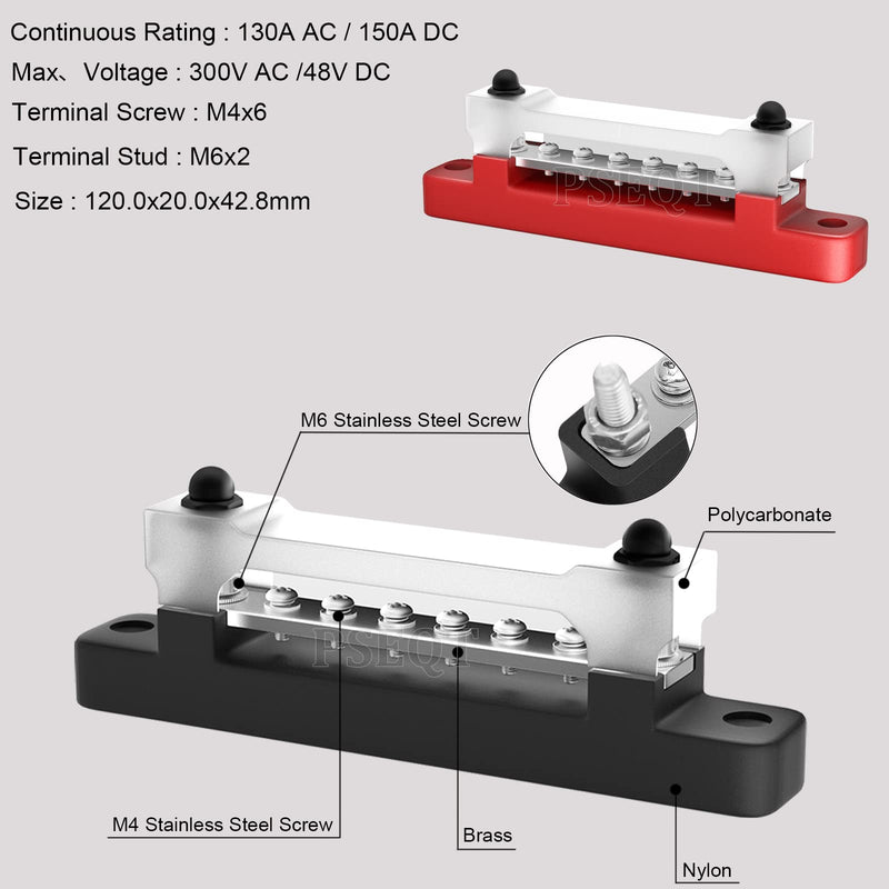 [Australia - AusPower] - PSEQT 6 Terminal Bus Bar Ground Power Distribution Terminal Block Bus Bar with Cover for Auto Marine Car Pickup Trailer RV Boat - Red & Black 2Pcs 6 Way Terminal Bus Bar w/ Red&Black Base 