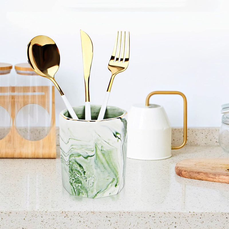 [Australia - AusPower] - Pen Holder, Decorative Ceramic Pencil Cup and Makeup Brush Stationery Accessories Desktop Organizer for Home School Office, Cute Marble Pattern Durable Large Capacity (Green) 