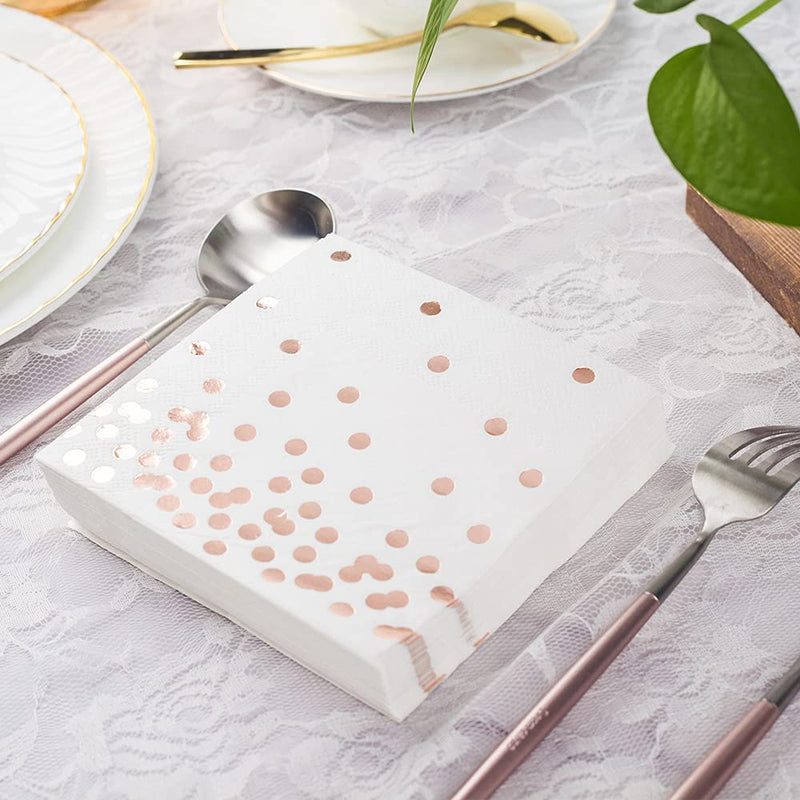 [Australia - AusPower] - 80 Pack of White Paper Cocktail Napkins with Gold Foil Polka Dot Confetti，Polka Dot Party Supplies(5 x 5 in，3-ply) (Rose Gold) Rose Gold 