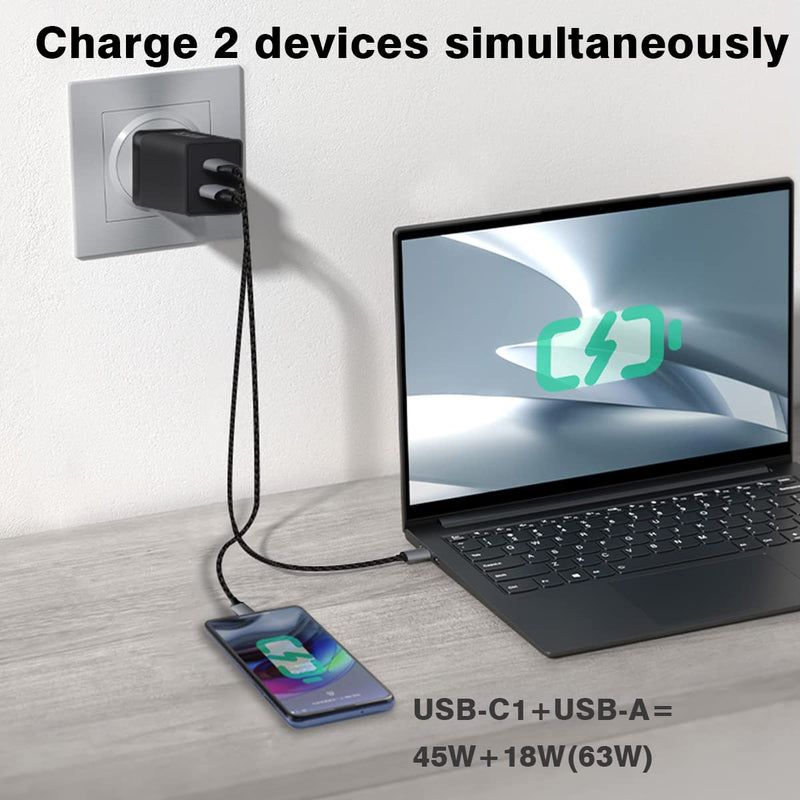 [Australia - AusPower] - Dual USB C Charger 65W PD 3.0 GaN Fast Charging Type C Wall multiport Charger Block with 6.6ft USB-C to USB-C Cable, USB-c Power Adapter for iPhone 13 12 11, MacBook Pro,iPad, Samsung S21, Pixel 6 