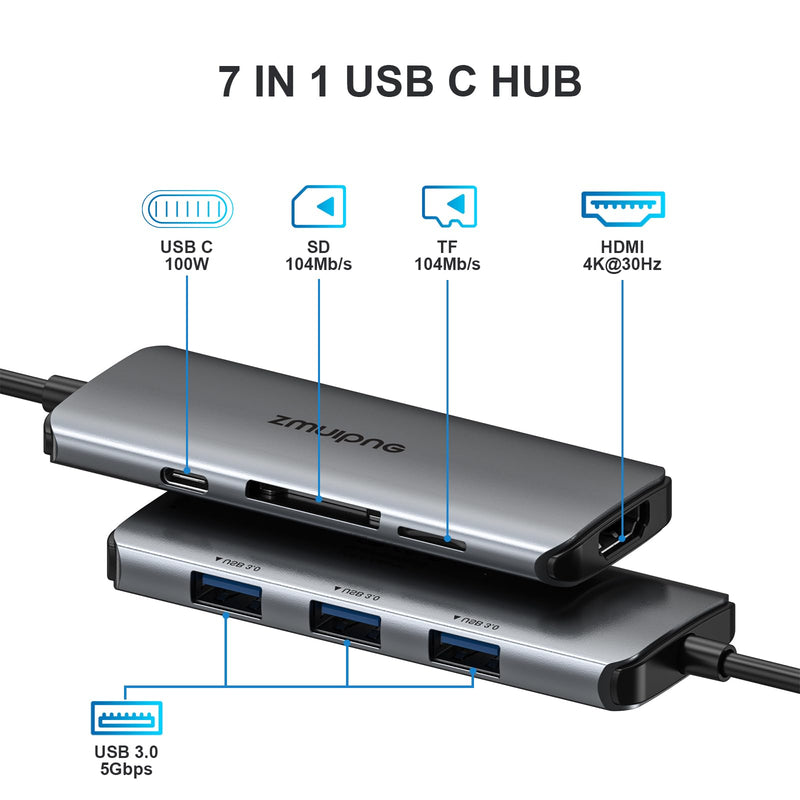 [Australia - AusPower] - USB C Hub Adapter for MacBook Pro Air M1 M2, Laptop Mac USB-C to HDMI 7 in 1 Multiport Dongle Dell XPS HP Lenovo Google Samsung Surface with 4K HDMI USB 3.0 Port 100W PD SD TF Type C Adapter ZMUIPNG 7 IN 1 USB C Hub 
