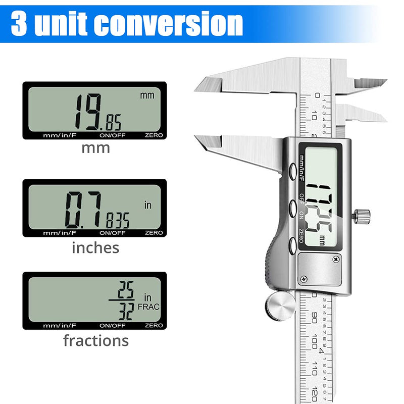 [Australia - AusPower] - Digital Caliper Measuring Tool, Stainless Steel Vernier Caliper Digital Micrometer with Large LCD Screen, Easy Switch from Inch Metric Fraction, 6 Inch Caliper Tool for DIY/Household 20-F 