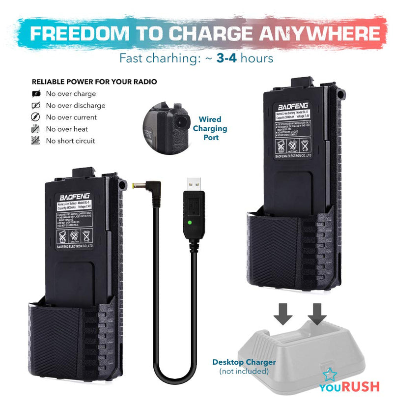 [Australia - AusPower] - youRUSH 2 Pack BAOFENG BL-5 Extended Battery 3800 mAh with USB Charging Cables - Compatible with UV5R, BF-F8HP, UV-5X3 Radio - BAOFENG Accessories Set of BAOFENG Replacement Battery BL5 & USB Charger 