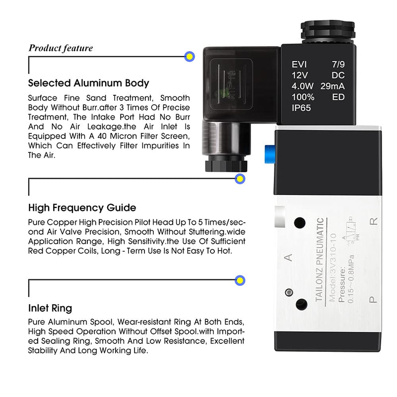 [Australia - AusPower] - TAILONZ PNEUMATIC 3/8"NPT Solenoid Valve 3V310-10 12V/24V/110V/220V Single Coil Pilot-Operated Electric 2 Position 3 Way Connection Type DC12V 