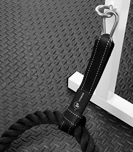 [Australia - AusPower] - Battle Rope Anchor Strap Kit | Heavy Duty Reinforced Nylon | Easy and Fast Setup | Stops Rope Damage | Stainless Steel Carabiner | Includes Exercise Guide | Black with White Stripe 