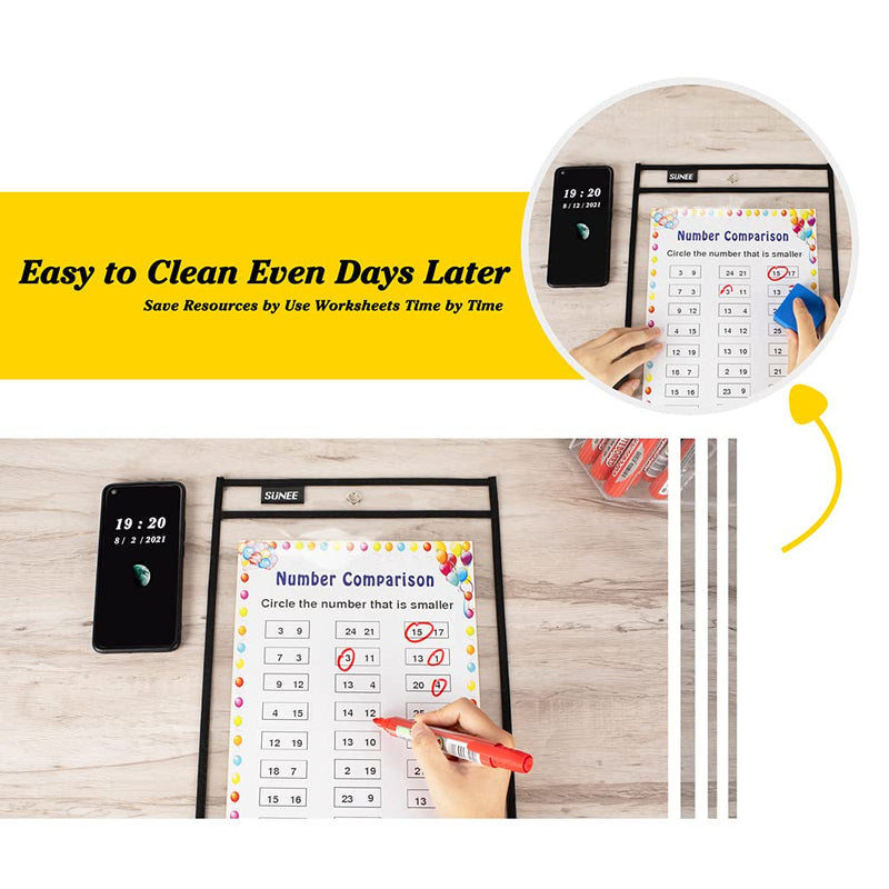 [Australia - AusPower] - SUNEE 10 Packs Oversized Reusable Dry Erase Pocket Sleeves with Binder Ring, 10 Assorted Colors 10x14 Ticket Holders, Clear Plastic Sheet Protectors, Teacher School Classroom Supplies 