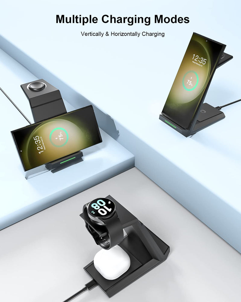 [Australia - AusPower] - Wireless Charger for Samsung - NANAMI 3 in 1 Charging Station for Multiple Devices, Fast Charger Stand Dock for Galaxy S23 Ultra S22 S21 S20 Z Flip Fold 4, Galaxy Watch 5/5 Pro/4/3, Galaxy Buds 2 Pro Black 