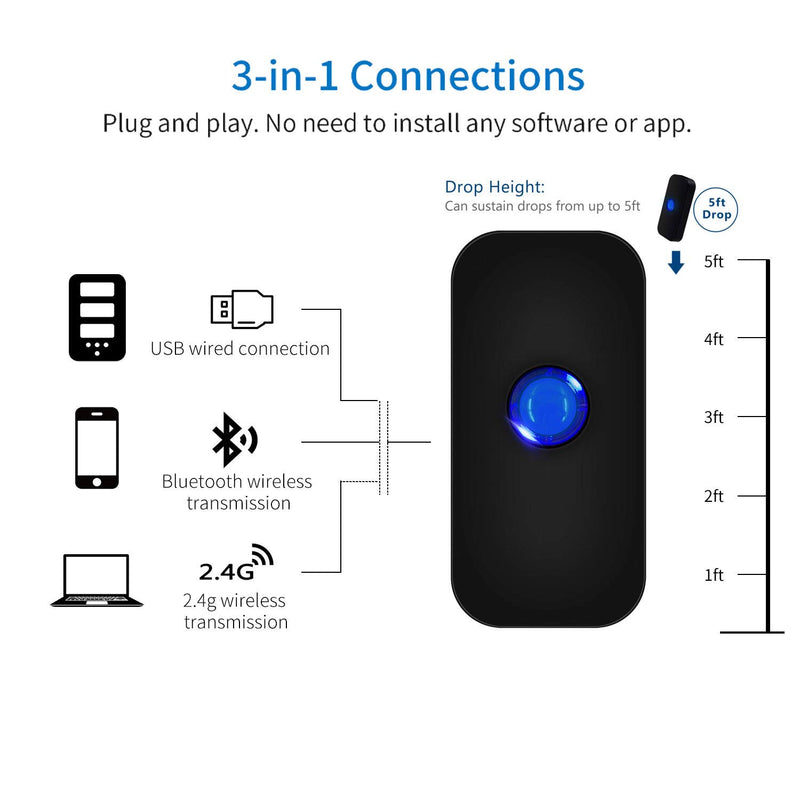 [Australia - AusPower] - Bluetooth 2D Wireless Barcode Scanner,Symcode 3-in-1 USB Wired & 2.4G Wireless & Bluetooth 4.1 1D QR Image Bar Code Reader Scanner 
