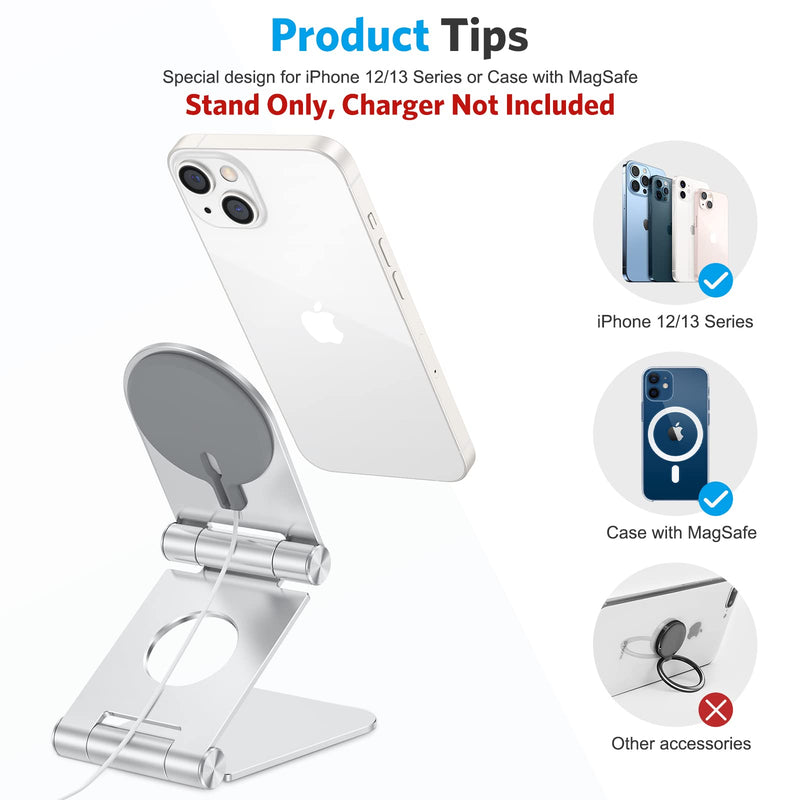 [Australia - AusPower] - Stand for MagSafe Charger, OMOTON Foldable Phone Stand Holder for MagSafe Charger, Magsafe Accessories Designed for iPhone 13/12 Pro Max / Pro / Mini, MagSafe Charger Not Included, Silver 