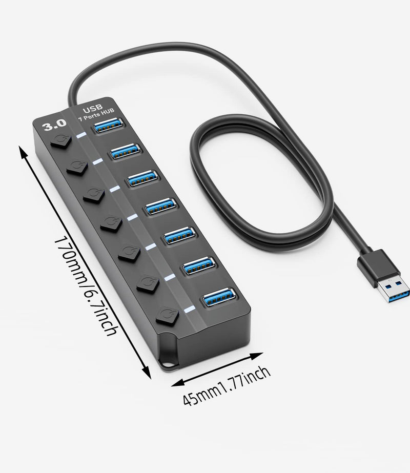 [Australia - AusPower] - USB 3.0 Hub, PANPEO 7-Port USB Data Hub Splitter with 3ft Long Cable USB Extension for Laptop,PC Computer,Surface Pro, PS4/5, Flash Drive, Mobile HDD - with LED Individual On/Off 