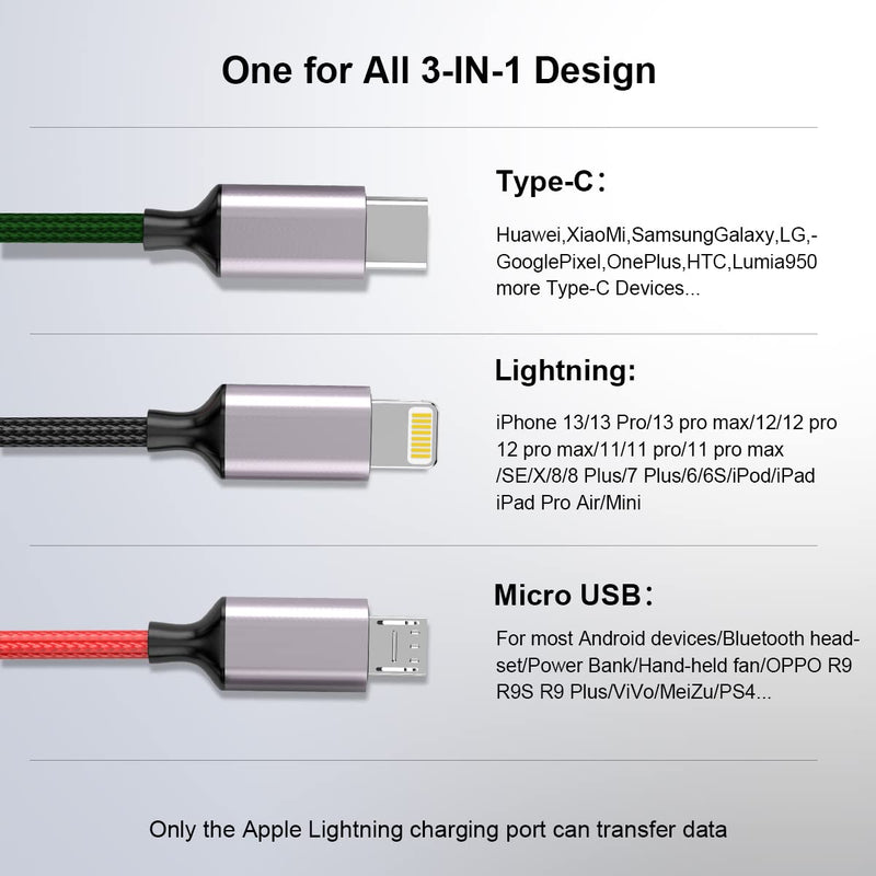 [Australia - AusPower] - 2Pack 1ft Multi 3 in 1 USB Short Universal Phone 3A Fast Charging Cable,Lightning+Type C+Micro USB Nylon Braided iPhone Charger Cord Connector Adapter for Cell Phone/Android/Apple/Samsung/LG/Tablets 