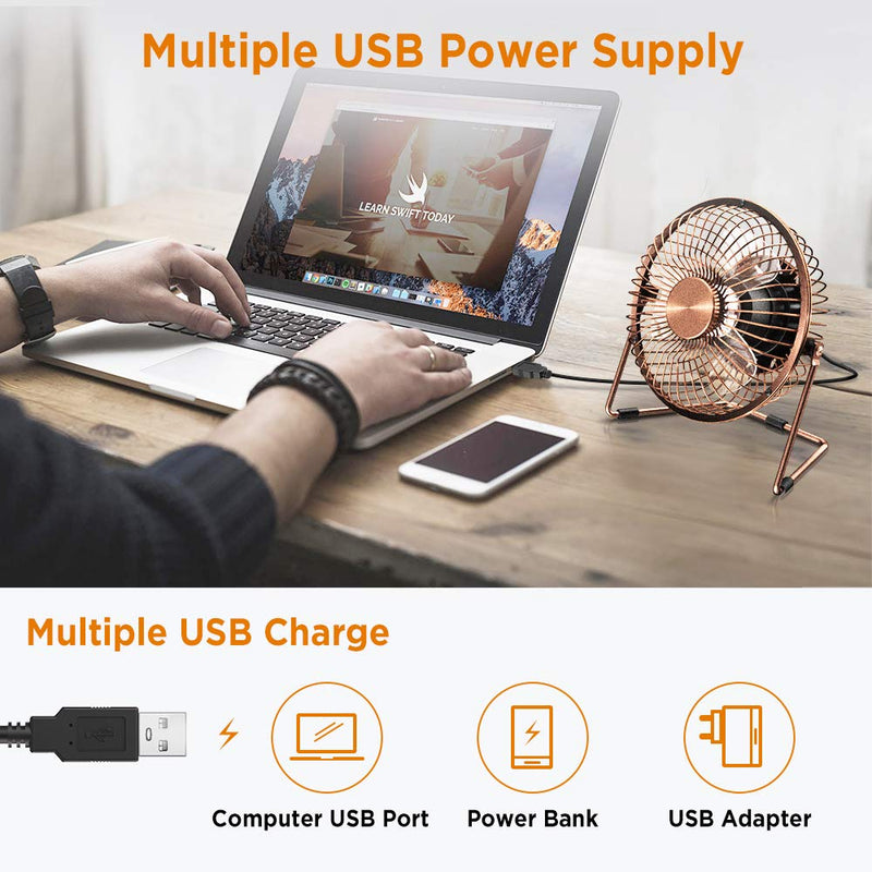 [Australia - AusPower] - EasyAcc 6 Inch USB Desk Fan, [ Small Quiet Powerful Metal Fan ] USB Powered Portable Fan, Strong Airflow& 360°Rotation Personal Table Cooling Fan with 2 Speed(USB POWERED ONLY) 6" USB Fan Bronzer 