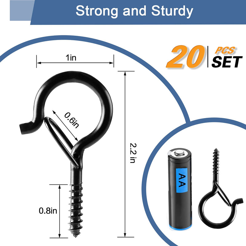 [Australia - AusPower] - ADIIL 20 PCS Q Hanger Hooks with Safety Buckle, Windproof Screw Hooks for Hanging Outdoor String Lights, Ceiling Hooks for Hanging Plants, Christmas Lights & Patio Lights, 2.2 Inches, Black 