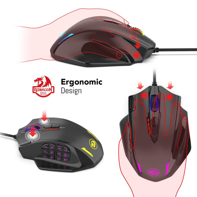 [Australia - AusPower] - Redragon M908 Impact RGB LED MMO Mouse with Side Buttons Optical Wired Gaming Mouse with 12,400DPI, High Precision, 20 Programmable Mouse Buttons Black Wired 