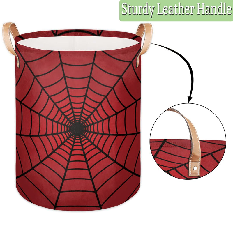[Australia - AusPower] - Large Laundry Hamper Basket Red Spider Web Round Freestanding Clothes Basket, Collapsible Storage Organizer Bin with Leather Handles for Dirty Clothes Toys, Nursery Home Storage 16"W x 20"H 