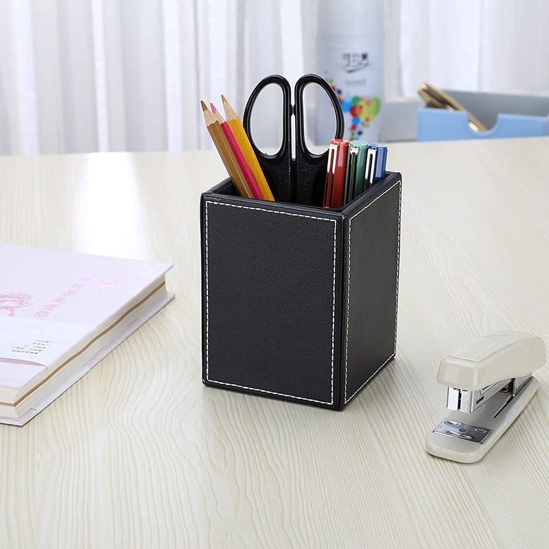 [Australia - AusPower] - KINGFOM PU Leather Square Pens Pencils Holder Cup Desktop Stationery Organizer Case Office Accessories Container Box (Black) 