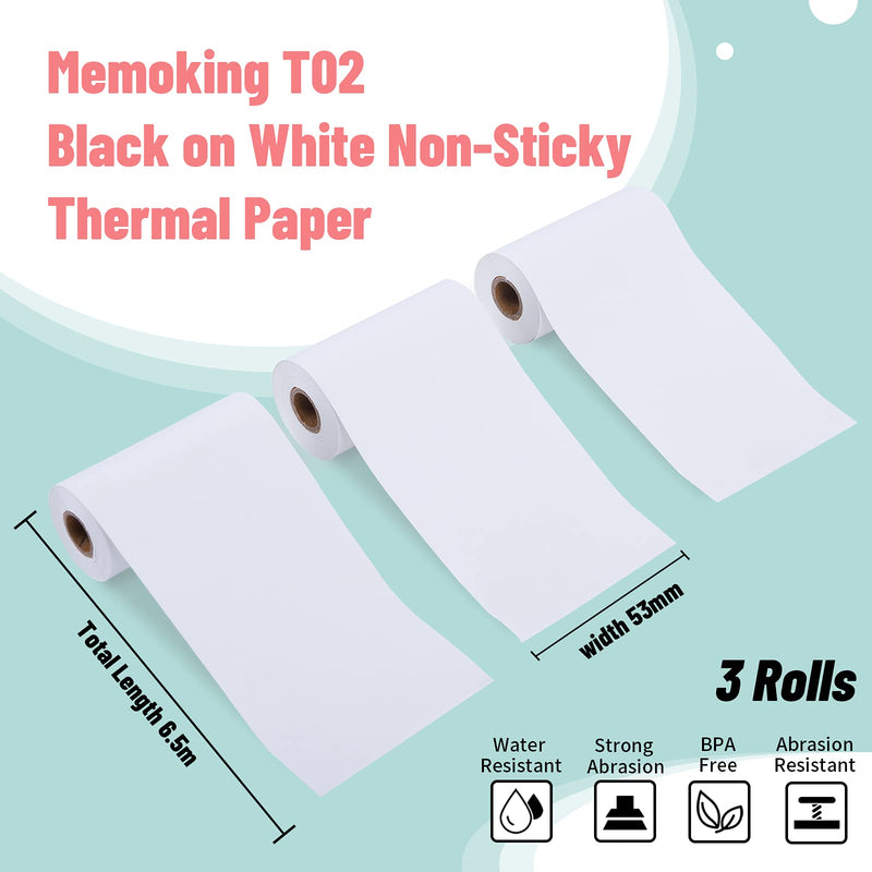 [Australia - AusPower] - Memoking T02 Thermal Pocket Printer HD Paper- Non-Sticky 53mm for Journal Photo Texts Study Notes, to-DO-List and More, 3 Rolls 